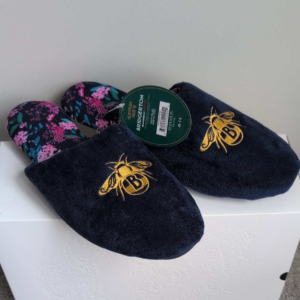 Navy Slippers with Gold Bee Embroidery